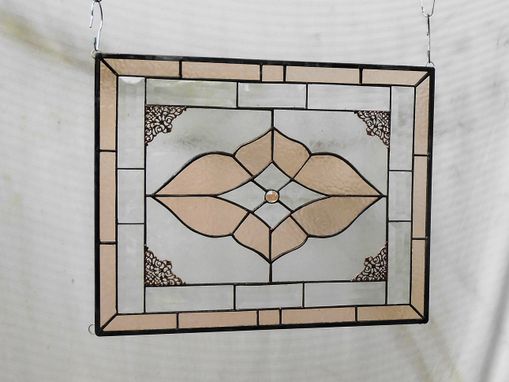 Custom Made Vintage Look Stained Glass Window Panel, Neutral Champagne & Beveled Glass Transom Window