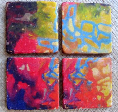 Custom Made Tile Coasters Handmade Tile With Multi-Colored Original Artwork -Set Of 4 Blue Red Orange Green