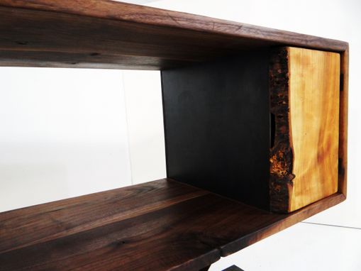 Custom Made Walnut Console Table With Metal I-Beam Base And Live Edge Cherry Doors