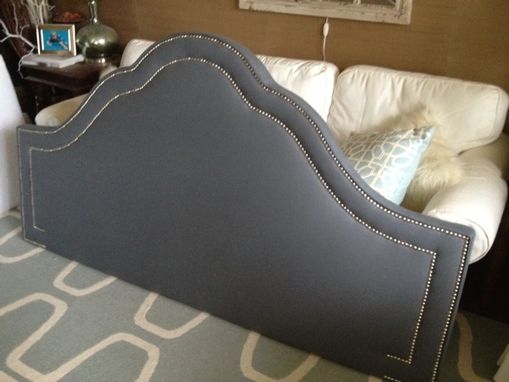 Custom Made Upholstered Arched Headboard, Charcoal Linen, Silver Nailhead