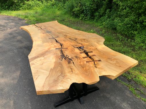 Custom Made Large Live Edge Ash Dining Table With Welded Steel Trstle Base