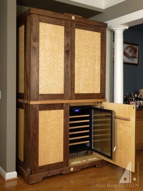 Hand Crafted Custom Walnut And Birdseye Maple Liquor Cabinet Bar by Alan Harp Design 