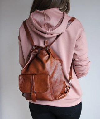 Custom Made Leather Backpack, Cognac Brown Backpack Purse, Leather Rucksack, Leather Tote Bag