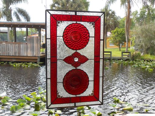 Custom Made Stained Glass Window Panel, Depression Glass Plate Valance, Ruby Red Bubble