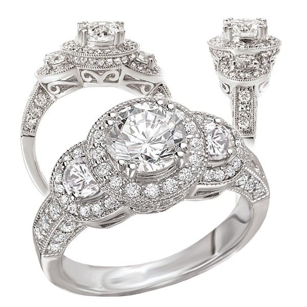 Custom 18k White Gold 3-Stone Engagement Ring Semi-Mount, Holds A 6.5mm ...