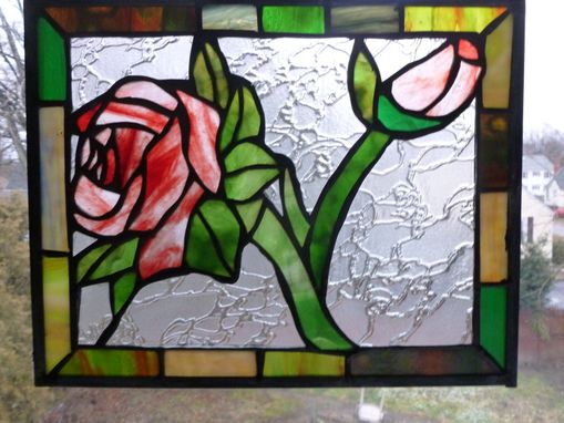 Custom Made Red Rose Stained Glass Panel With Green And Brown Border