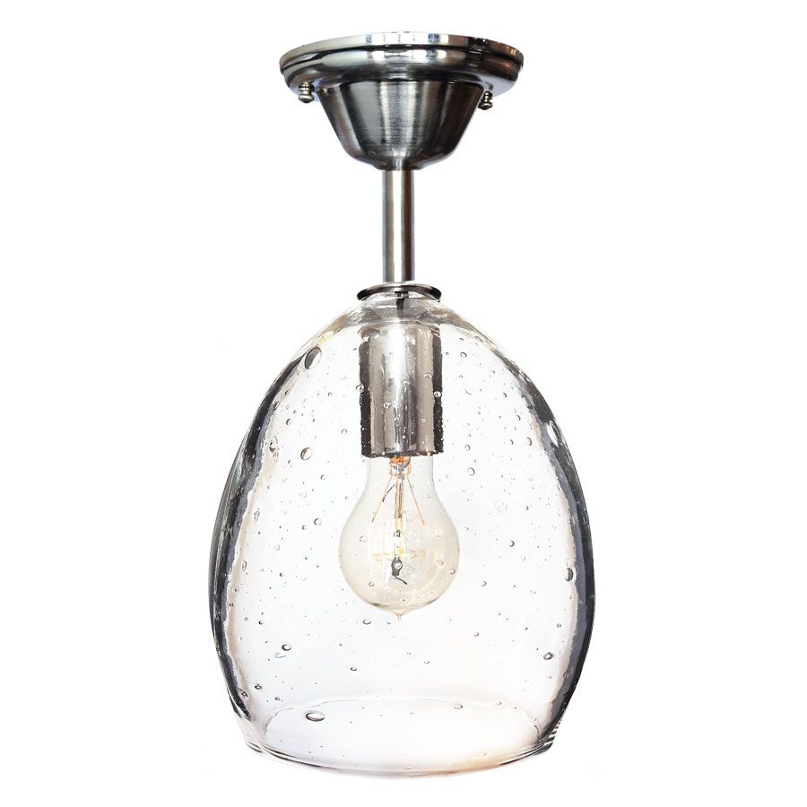 Handmade Hand Blown Seeded Glass Pendant Light Nickel Downrod by