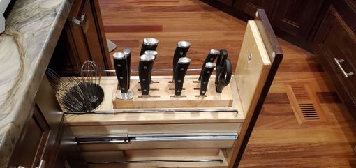 Custom Made Solid Maple Vertical Knife Block Mounted In Spice Cabinet