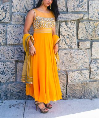 Custom Made Long  Dress In Orange Color, Georgette Fabric,Net Fabric Dupatta, And Gold Finishing