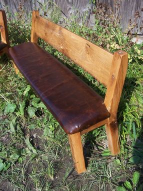 Custom Made Custom Reclaimed Wood Farm Bench With Relaxed Back And Leather Seat
