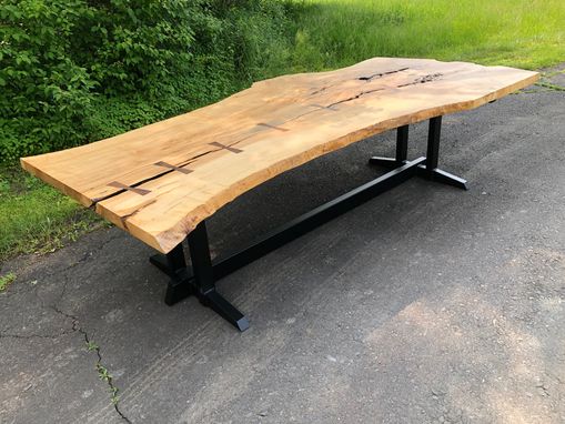 Custom Made Large Live Edge Ash Dining Table With Welded Steel Trstle Base