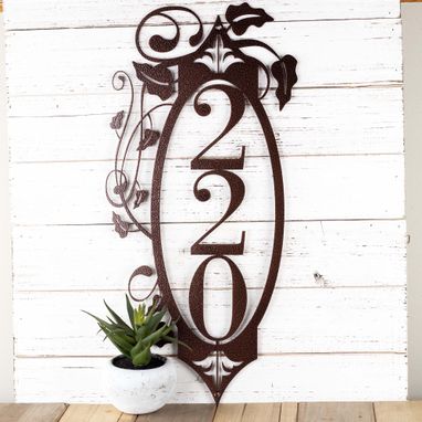 Custom Made Vertical House Number With Vines, Metal Address Plaque, Outdoor Sign, Laser Cut Metal, Fleur De Lis