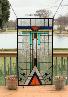Custom Made Stained Glass Window Panel Hanging Art Deco  Clear Blue Large 0509 25 X 13