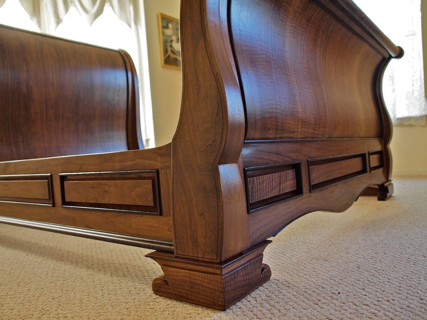 Custom Figured Walnut Sleigh Bed by Louis Fry Craftsman In Wood
