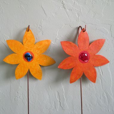 Custom Made Handmade Upcycled Orange And Yellow Metal Flower Garden Stakes In Set Of Two