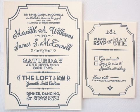 Custom Made Vintage Deco Gatsby Inspired Wedding Invitations, Letterpress