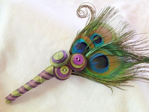 Custom Made Peacock Feather And Buttons Wedding Boutonniere