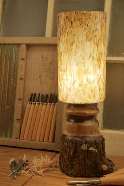 Custom Made Walnut With Bark On And River Rock Columnar Glass Shade