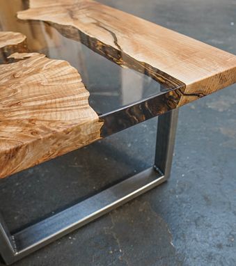 Custom Made Figured Maple Epoxy River Coffee Table With Waterfall Leg