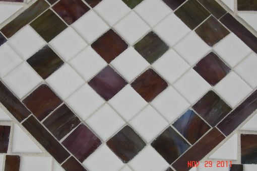 Custom Made Multi Leveled Mosaic End Table With White Tiles And Green & Burgandy Glass