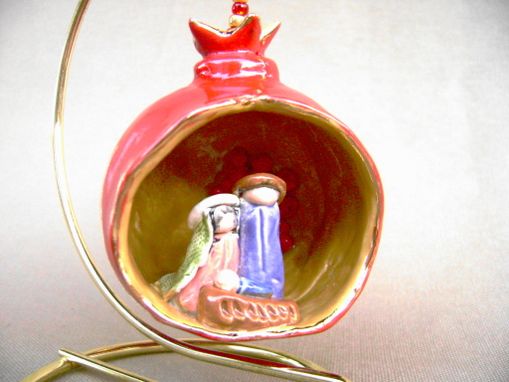 Custom Made Nativity Red Pomegranate Ornament, Mary, Joseph And Baby Jesus.