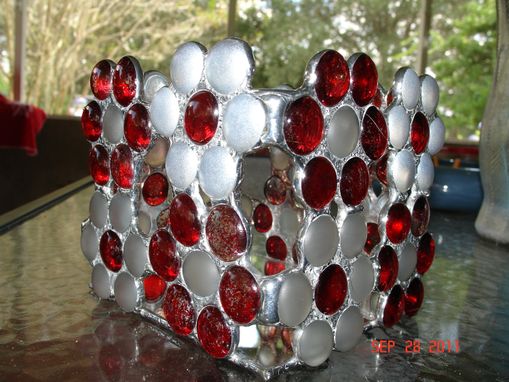 Custom Made Red & White Flower Candle Holder Or Decorative Box In Stained Glass Nuggets