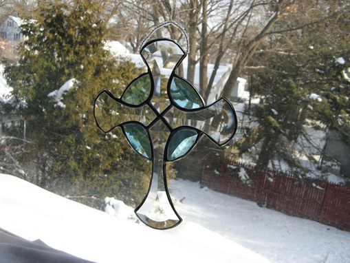 Custom Made Beveled Stained Glass Celtic Cross In Turquoise
