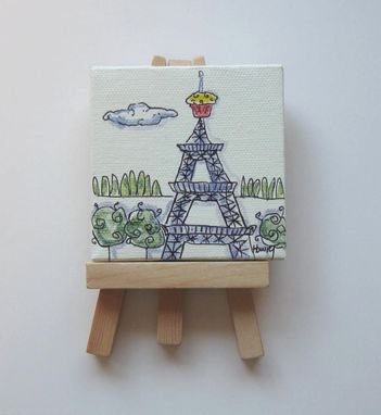 Custom Made Art- Cupcake On The Eiffel Tower Original Acrylic Painting On A Mini Canvas