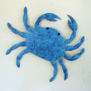 Custom Made Handmade Upcycled Metal Crab Wall Art Sculpture In Blue