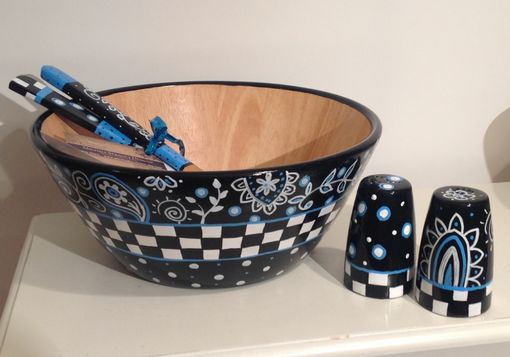 Custom Made Hand Painted Wooden Salad Bowl With Matching Utensils . Decorative Bowl