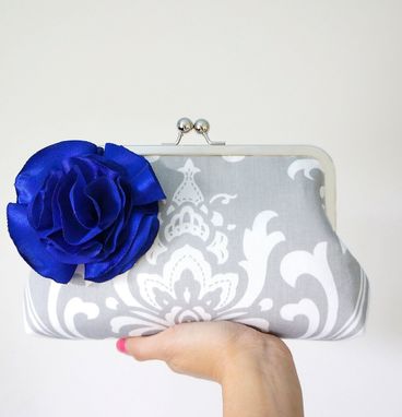 Custom Made Gray Damask Clutch Purse With Blue Flower Adornment