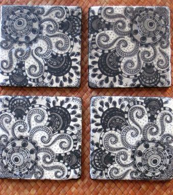 Custom Made Black And White Coasters Ethnic Design Handmade With Original Artwork-Set Of 4 Black White Grey