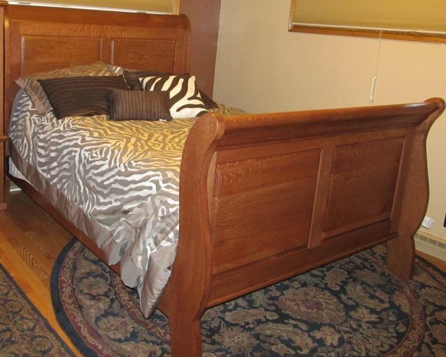 Sleigh Bed Quarter Sawed Oak Queen Size, Oak King Size Sleigh Bed Frame