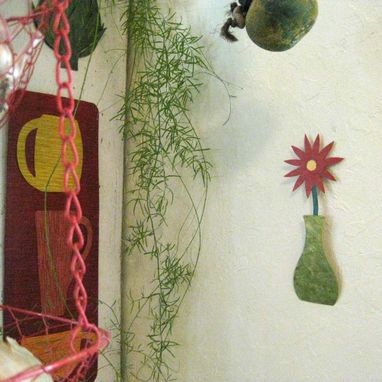 Custom Made Handmade Upcycled Metal Mini Flower Vase Wall Art Sculpture In Green And Red