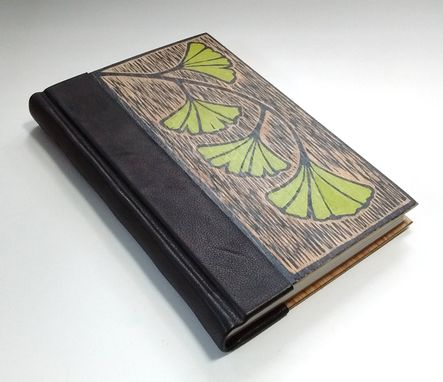 Custom Made Handmade Book, Bound In Leather And Wood, With Original Block Print Art On Cover