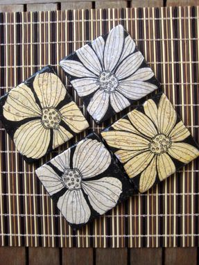 Custom Made Tile Coasters Black And White Flowers Handmade With Original Artwork-Set Of 4