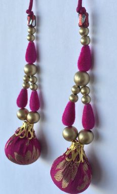Custom Made Hot Pink Brocade Silk Fabric Balls,Gold Beads, Hanging In Silk Dori .L- 4' W- 1'