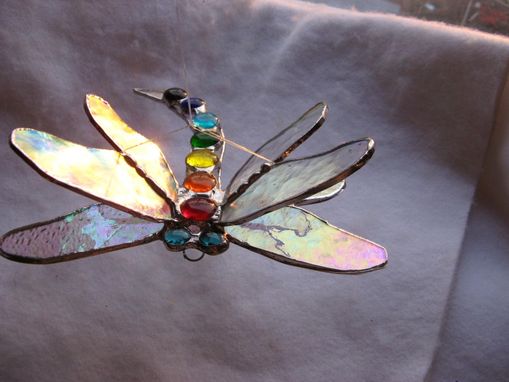 Custom Made Double Winged Stained Glass Dragonfly In Chakra Colors