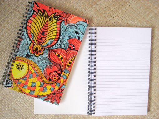 Custom Made Journal Spiral Notebook Diary With Original Fish Artwork-Yellow Orange Blue Ink