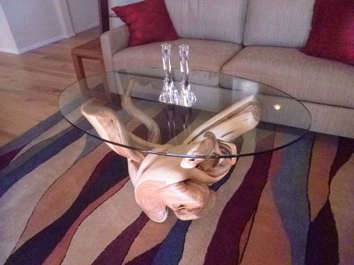 Custom Made Glass Top Modern Juniper Pedestal Coffee Table