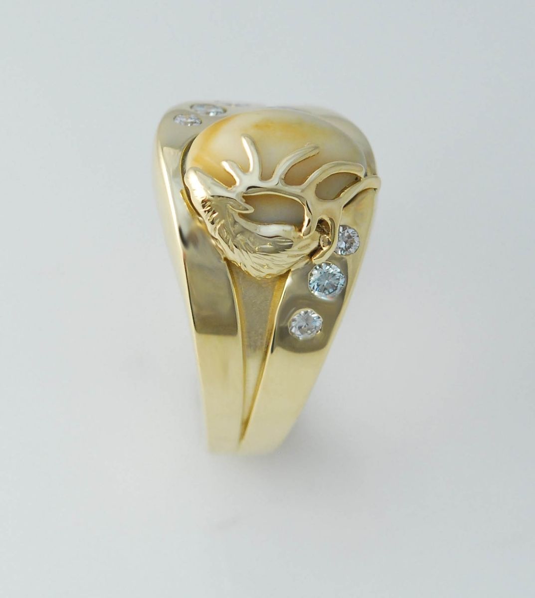Handmade 14kt Yellow Gold And .75cttw Diamond Elk Ivory Mens Ring by Diamondpeak Goldsmiths | CustomMade.com 14kt yellow gold and .75cttw diamond elk ivory mens ring…