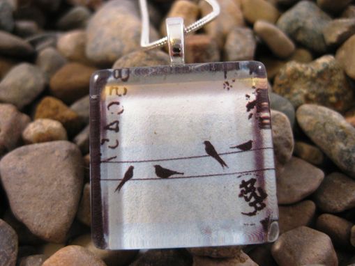 Custom Made Glass Tile Pendant With Birds On A Wire On Silver Snake Chain Necklace