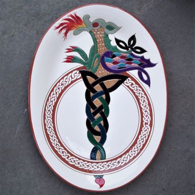 Custom Made Hand -Carved Redware Celtic Dragon Platter