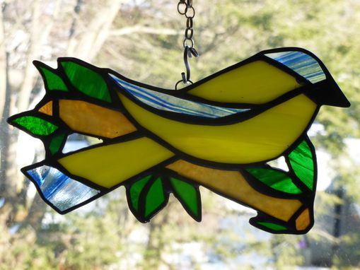 Custom Made Yellow Stained Glass Canary On A Branch
