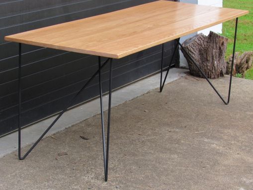 Custom Made Oak Desk W/ Modern Steel Butterfly Hairpin Style Legs.