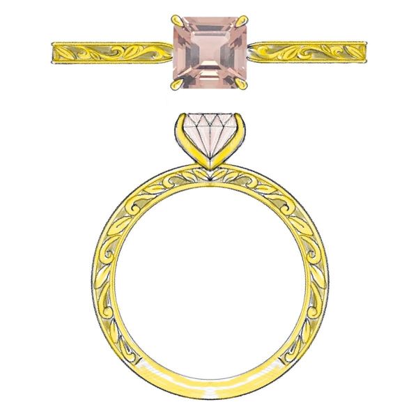 The X shape at the center of the Asscher cut morganite is reflected in the tapered yellow gold band of this engagement ring.