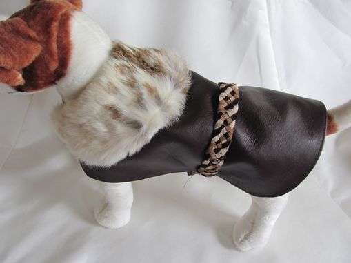 Custom Made Brown Leather Dog Clothes With Genuine Rabbit Collar & Braided Belt