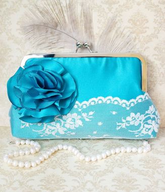 Custom Made Teal Clutch Purse Wtih Carnation And Lace
