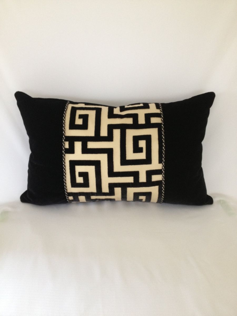 Handmade Black Silky Velvet With Geometric Pattern Pillow Cover by