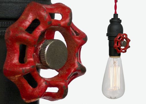 Custom Made Vintage Upcycled Valve Pipe Pendant Light – Red Cloth Cord